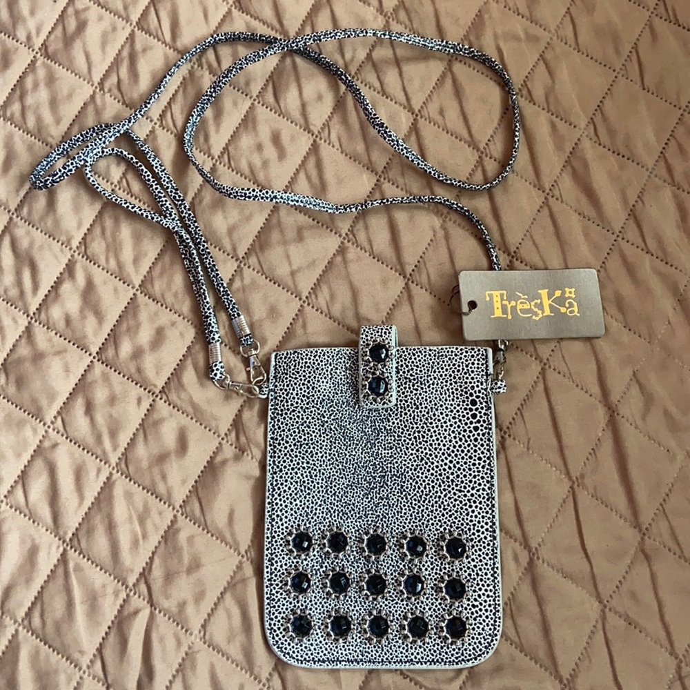 Cute Small Treska Cross Body NWT Black & White with Shoulder & Wristlet Strap